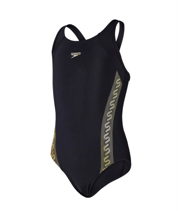 Speedo Monogram Muscleback Girls Swimsuit Black Gold
